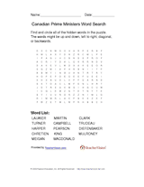 Canadian Prime Minister Word Search